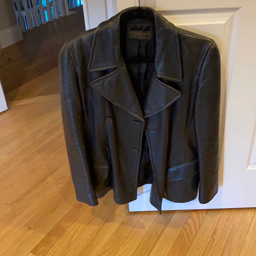 DONNA KARAN essentials collection black leather double breasted jacket
